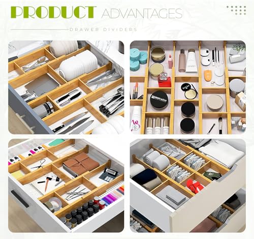 6 PCS Bamboo Drawer Dividers with 12 Inserts, Expandable Kitchen Utensil Drawer Organizers, Adjustable for Dresser, Closet, Underwear Socks Storage, Bedroom and Bathroom Drawers (16.6-22 Inches)