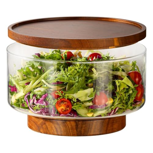 Extra Large Glass Salad Bowl Salad Bowls for Party with Acacia Wood Base and Salad Serving Utensils Serving Bowls for Fruits Pasta Microwave & Dishwasher Safe (Small with Lid)