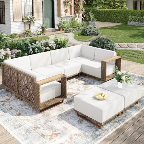 Image of MIXPATIO Patio Sectional Furniture Set, 6 Piece Outdoor Wicker Sofa Patio Couch Set, Yellow Rattan Modular Outdoor Conversation Sets with 10 inch Thick Cushions, Low Profile Deck Lawn Garden Furniture
