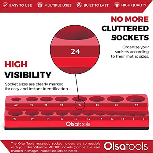 Image of Olsa Tools Magnetic Socket Holder - 1 /2-Inch Drive - Metric - Red - Holds 19 Sockets - Professional Quality Organizer - Part: 1299