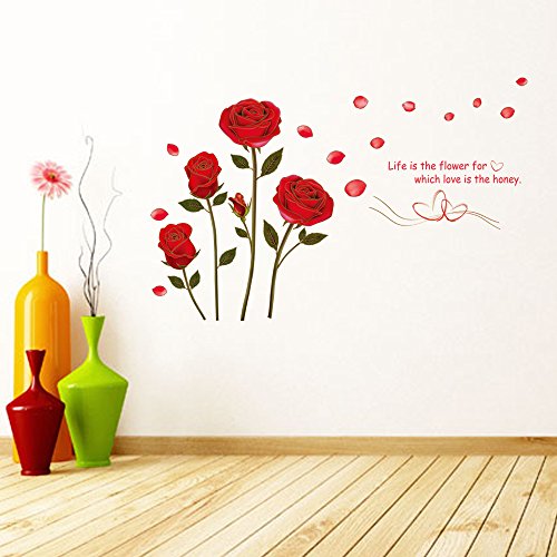 Decor Romantic Red Rose Flowers Wall Decals, Living Room Bedroom Removable Wall Stickers Murals (Red Rose) #TOP6