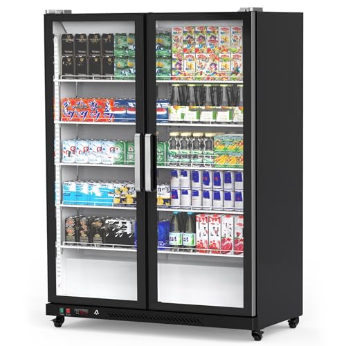 Commercial Refrigerators 39 Cu.Ft Beverage Cooler with Glass Door, Commercial Fridge Display for Restaurant, Grocery Store, LED Light Adjustable Shelv