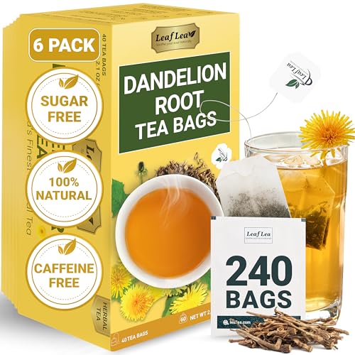 Image of LeafLea Dandelion Root Tea Bags, 240 Count, Natural Dandelion Herbal Tea Blend, Natural Dried Dandelion Root, Caffeine-Free, Sugar-Free, Vegan, Sealed for Fresh Flavor, Pack of 6
