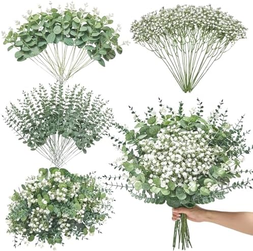 Serwalin 100 Pcs Mixed Artificial Eucalyptus Stems,Babys Breath A...