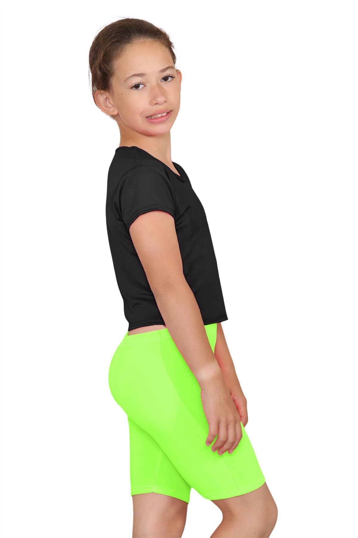 Janisramone Kids Microfiber Cycling Shorts Girls Plain Dance Gym Sports Active Short Pants Neon Green