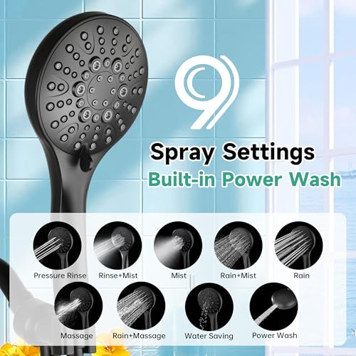 Image of BRIGHT SHOWERS High Pressure Shower Head with Handheld, 9 Spray Settings Showerhead Built in Power Wash to Clean Tub and Pets, Extra Long 69 inch Hose, Adjustable Bracket, Matte Black