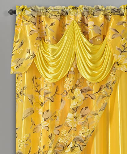 Gohd Roman Romance. Burnt-Out Printed Organza Window Curtain Treatment. Choice Of 2Pcs Curtain With Backing Set, 2Pcs Organza Curtain, 1Pc Valance (Yellow, 55 X 84 Inches + Attached Valance X 2Pcs) #TOP19