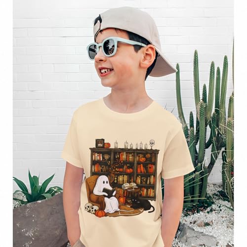 BOUTIKOME Halloween T-Shirts for Kid Girl Boy Fun Ghost Read Books Graphic Shirts Spooky Tees Short Sleeve Tops Fall Outfits4