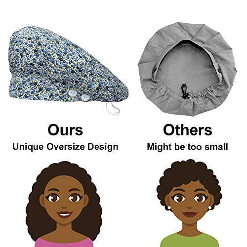2 Pack Bouffant Cap with Button for Nurses and Doctors, Adjustable Working Hats for Women Men, One Size Working Head Cover (Blue Rose + Night Garden)