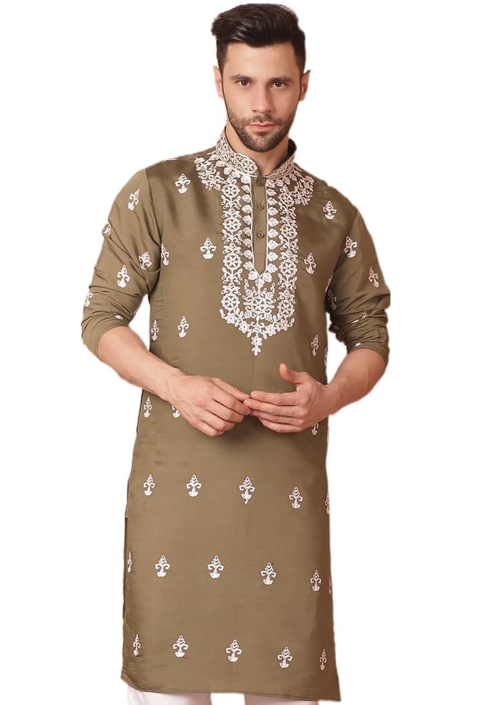 Jompers Men Brown Chikankari Embroidered Kurtas (Brown, M)