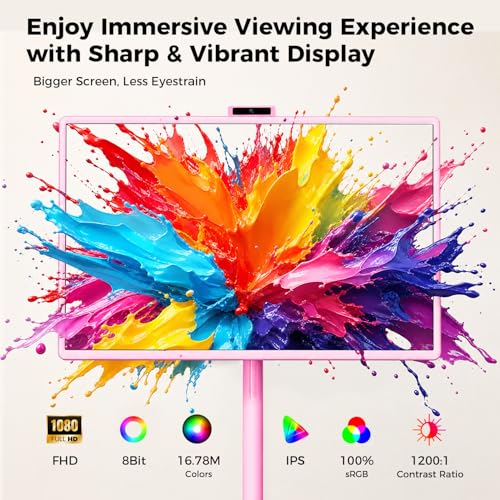 Image of 32 inch Portable Smart TV with Android 15, 1080P Touch Screen Monitor on Wheels, EDLA-Certified, 8GB+128GB Storage, 5MP Camera, 10H Playing Time, Rotatable Display, Wireless Casting, Voice Remote Control