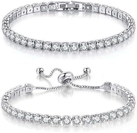 Double Fair 2 Pcs Tennis Bracelets for Women 14K Gold Plated AAA+ Cubic Zirconia CZ Diamond Classic Adjustable Slider Bracelet Fashion Jewelry Wedding Gift Size 6.5-7.5 Inch