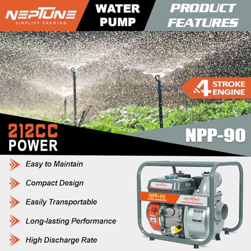 Image of Neptune Simplify Farming NPP-90 High-Flow Water Pump | 7.5 HP 4-Stroke Petrol Engine | 3-Inch Outlet | 3600 RPM Speed | 1000 L /min Max Flow | Built for Agriculture, Irrigation, Draining & Garden Use