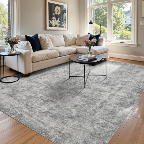Rugxara 6x9 Area Rugs for Living Room Bedroom, Large Washable Rug, Grey Vintage Abstract Boho Rug, Non Slip & Low Pile Faux Wool Carpet for Indoor Dining Room, Farmhouse and Kids Room(Grey 6x9ft)