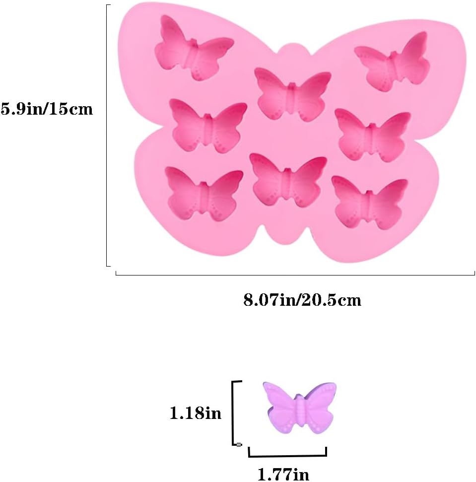 Silicone Butterfly Molds - 8 Cavity Candy & Ice Cube Trays, Wax Melt Molds for Soap, Pudding, Chocolate (3Pcs)