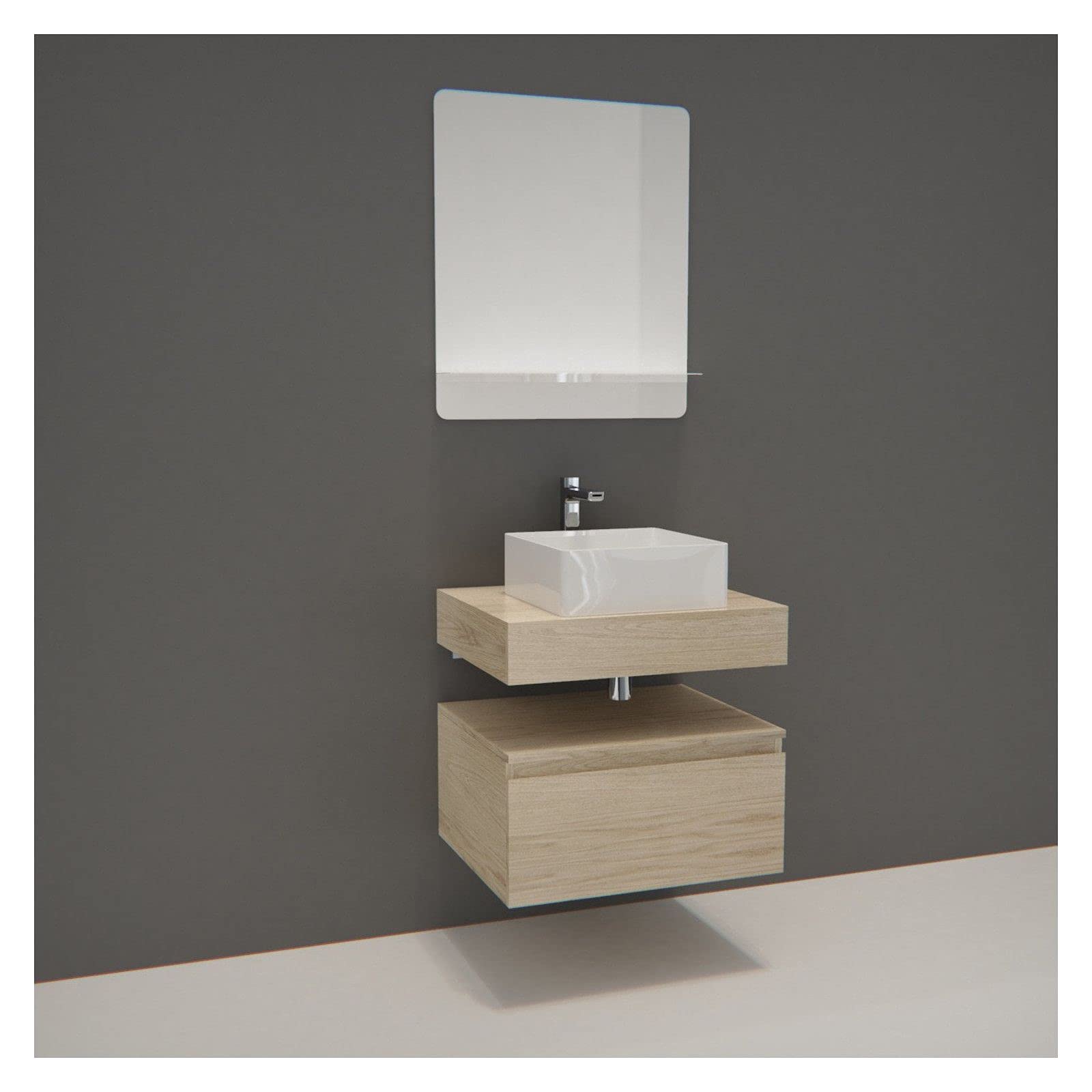 Mueble de baño Will – encimera colgante de 60 cm + lavabo + espejo + mueble cajón + escuadras