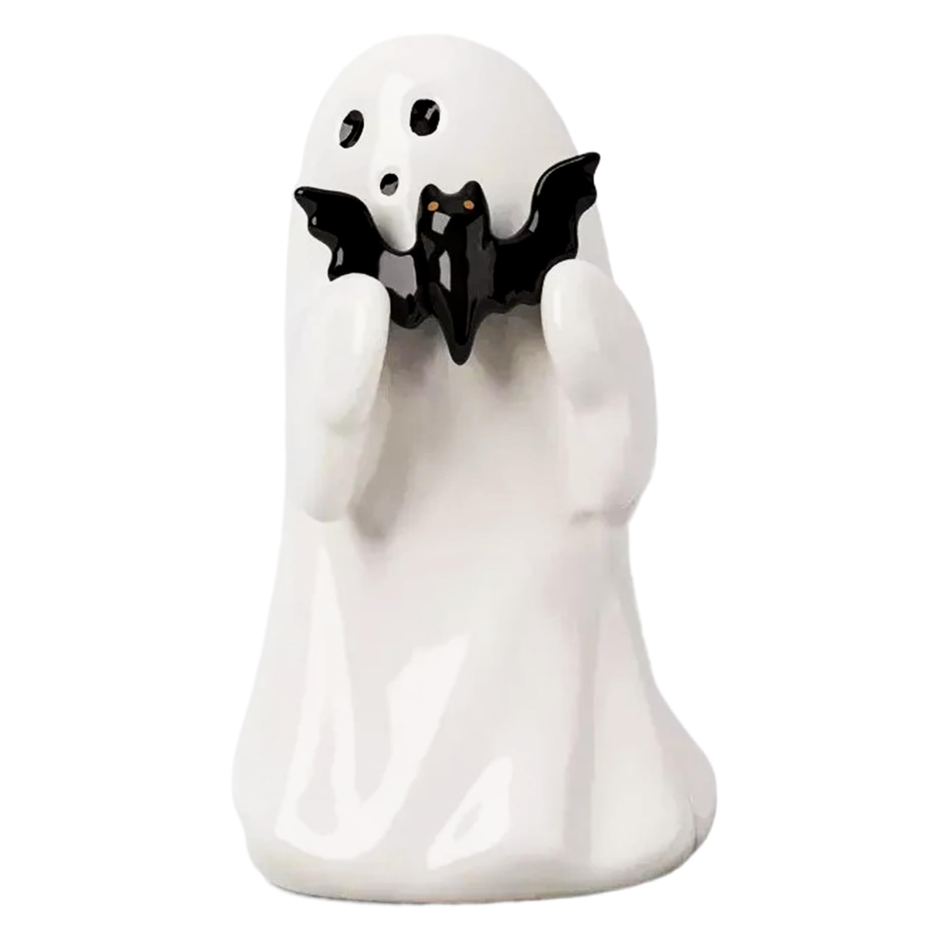 Fantôme en résine 10 cm blanc tenant une chauve-souris pour déco Halloween