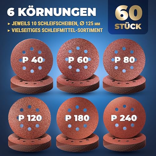 Foto von S&R Klett Schleifpapier Set 125 mm, Meister, 8 Löcher, 60 St Schleifblätter, Schleifscheiben für Exzenterschleifer 125mm, je 10 x Körnungen P40, P60, P80, P120, P180, P240, zuverlässige Haftung