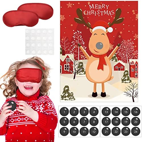 Christmas Party Pin Games Set Pin The Nose on The Snowman Pin The Beard on The Santa Claus Pin The Nose on The Reindeer for New Year Xmas Party Supplies?Reindeer?