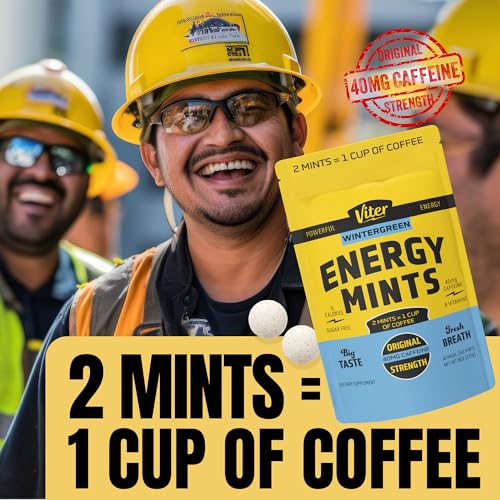 Image of Viter Energy 40mg Caffeine Mints - Sugar Free, B Vitamins, Vegan, Boosts Fast Energized Alert Focus, Caffeinated Nootropic Supplement Pills (Wintergreen Flavor, 8oz, Bulk Bag)