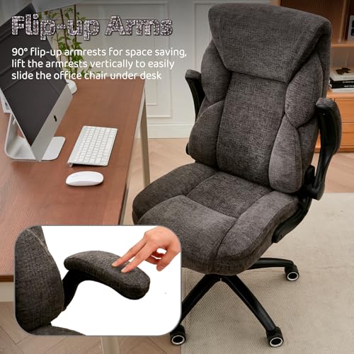 Image of Fabric Office Chair with Inflatable Lumbar Support, Executive Ergonomic Desk Chairs with Flip Arms, High Back Cloth Computer Chair Rocking Function, Heavy Duty Metal Base 300 lbs Capacity| Grey