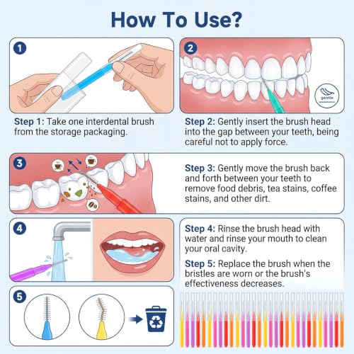 Image of 100 Pcs Interdental Brushes, 5 Sizes Braces Flossers for Cleaner Braces Brush Soft Dental Brushes Toothpicks Dental Floss Picks Dental for Braces Oral Cleaning(5 Colors)