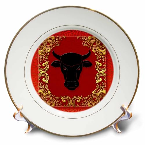 3dRose cp_101854_1 Chinese Zodiac Year of The Ox Chinese New Year Red, Gold and Black-Porcelain Plate, 8