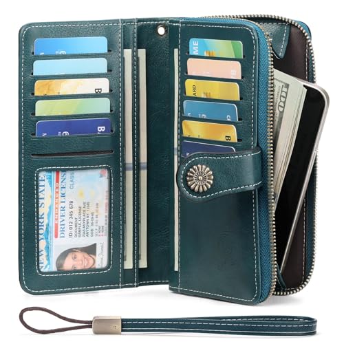 Image of Wristlet Wallets for Women Leather Credit Card Holder Bifold Blue | RFID Blocking, Large Capacity, Ladies Phone Clutch Purse with Zippered Coin Pocket
