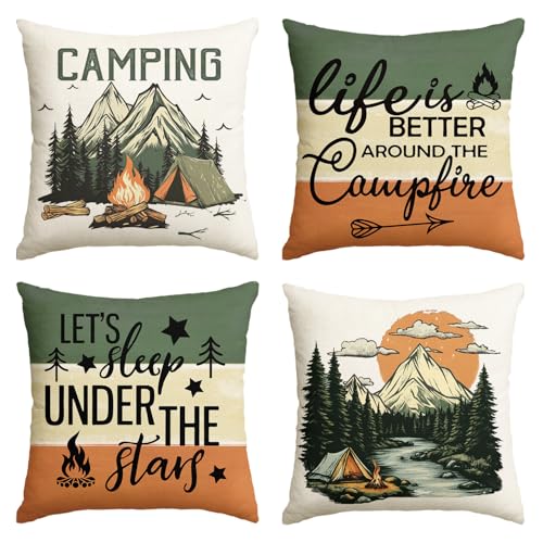 AVOIN colorlife Life is Better Around The Campfire Throw Pillow Covers 18x18 Inch Set of 4 Camping Lets Sleep Under The Stars Saying Cusion Case Decoration for Sofa Couch