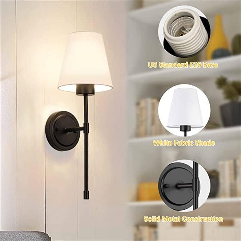 Image of Wall Sconces Sets of 2, Retro Industrial Wall Lamps, Bathroom Vanity Sconces Wall Lighting with White Fabric Shade, Hardwired Column Stand Bathroom Vanity Light Fixture for Hallway (Black)