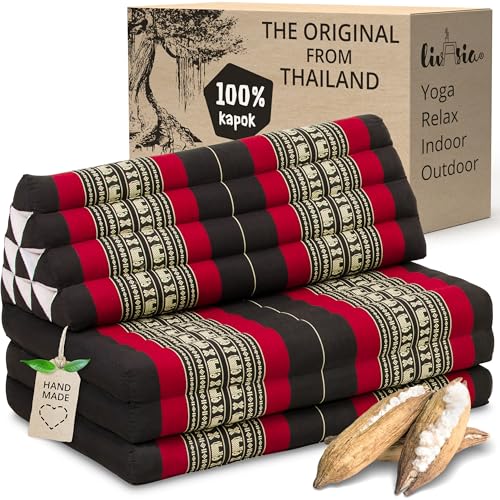 livasia Thai cushion with 3 seat rests for couples - 75x31x3.1″ - XXL, Triangle cushion with folding mattress, Extra wide, kapok, Back support cushion, Thai mat, folding (Black/Elephants)