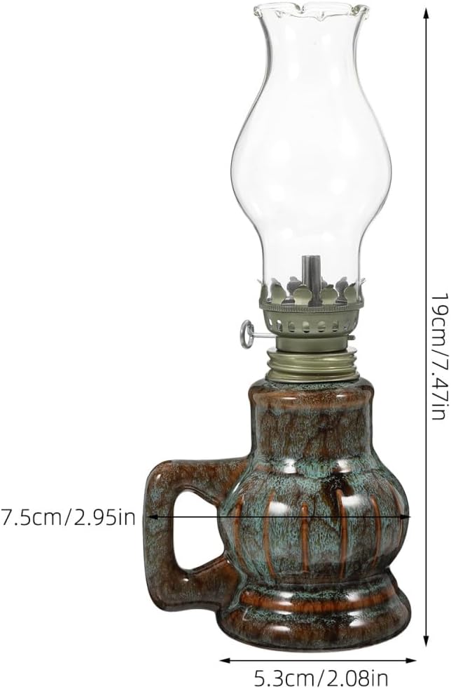 MAGICLULU Vintage Ceramic Oil Lamp with Handle, 1pc Kiln Altered Emerald Green Kerosene Lantern for Indoor Home Decor, Retro Chamber Lamp for Emergency Lighting and Power Outages