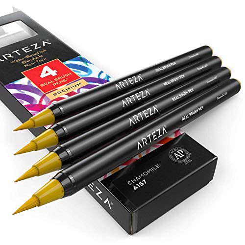 Arteza Real Brush Pens, A157 Chamomile, Pack of 4, Watercolor Pens with Nylon Brush Tips, Art Supplies for Dry-Brush Painting, Sketching, Coloring & Calligraphy