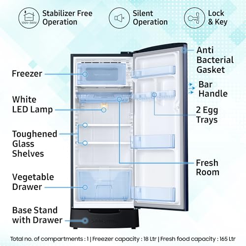 Image of Samsung 183 L, 4 Star, Digital Inverter, Direct-Cool Single Door Refrigerator (RR20C1824HV /HL, Himalaya poppy Blue, Base Stand Drawer)