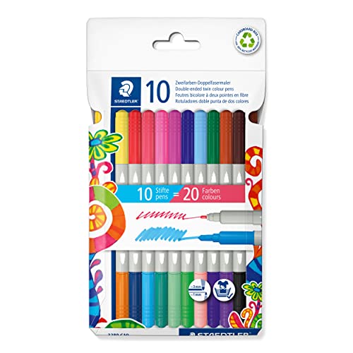 STAEDTLER 3280 C10 Twin-Colour, Double-Ended Fibre-Tip Pens - 20 Assorted Colours (Pack of 10)