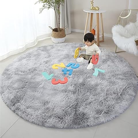 Fluffy Round Rug for Bedroom, 180cm Light Grey Circle Rug for Kids Room, Furry Plush Rug for Teen's Room, Shaggy Circular Rug for Nursery Room, Modern Fuzzy Carpet for Bedroom, Cute Room Decor Cover