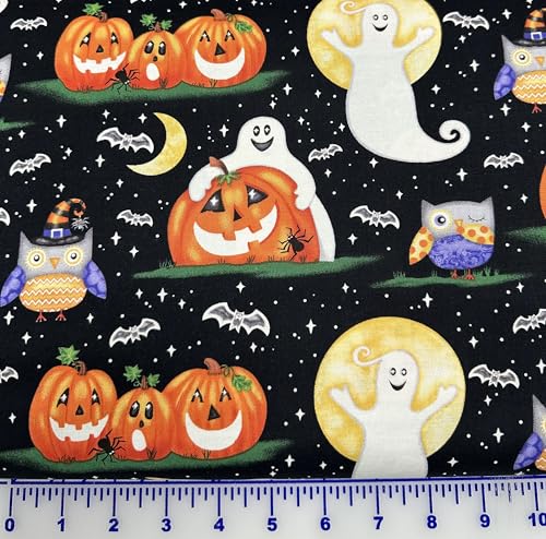 Generic Cotton Fabric Studio E Spooky Friends Glow in The Dark Scenic 7051G-93 Cotton Fabric by The Yard, Black