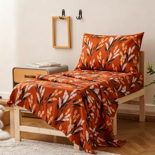 Image of Wellboo Boho Floral Toddler Bedding Sets for Girls Pumpkin Botanical 4 Pieces Soft Crib Bed Set Including Comforter, Sheets and Pillowcase Kids Soft Aesthetic Reddish Orange Blossom Bohemian Quilt