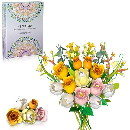 Tulip Rose Flowers Bouquet Building Set - Valentines Gifts Compatible with Lego Flowers Botanical Collection - Christmas, Mother's Day & Valentine's Gifts for Women & Girls Home Decor