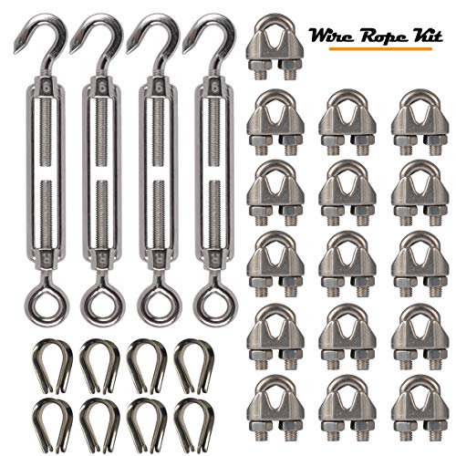 4-Pcs Turnbuckle/Tension(Eye&Hook, M6), 16-Pcs 1/8 Inch Wire Rope Cable Clip/Clamp(M3), 8-Pcs Thimble(M3), Stainless