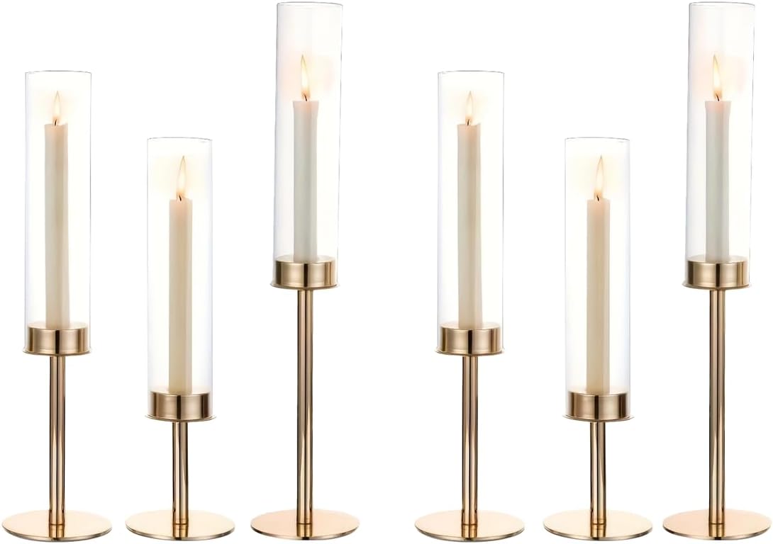 Gold Hurricane Candle Holders Set of 6, Tall Metal Windproof Glass Taper Candle Holder for Candelabra Centerpieces for Dining Table, Wedding, Party & Fireplace Mantel Decor