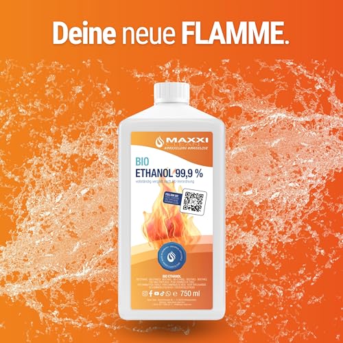 Maxxi Clean | 750 ml Bioethanol für Tischkamine | Made in Germany | geruchsneutral und rußfrei bei Indoor,- und Outdoor Ethanol-Kaminen | geeignet für Raum,- und Gartenfeuer mit Alkohol-Kamin