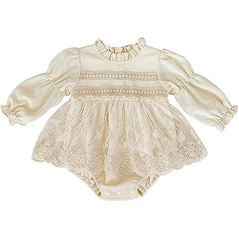 HOOLCHEAN Baby Infant Girls Waffle Ruffle Bodysuits Long Sleeve Lace Dress (Cream, 73: 6-12 Months) Cover