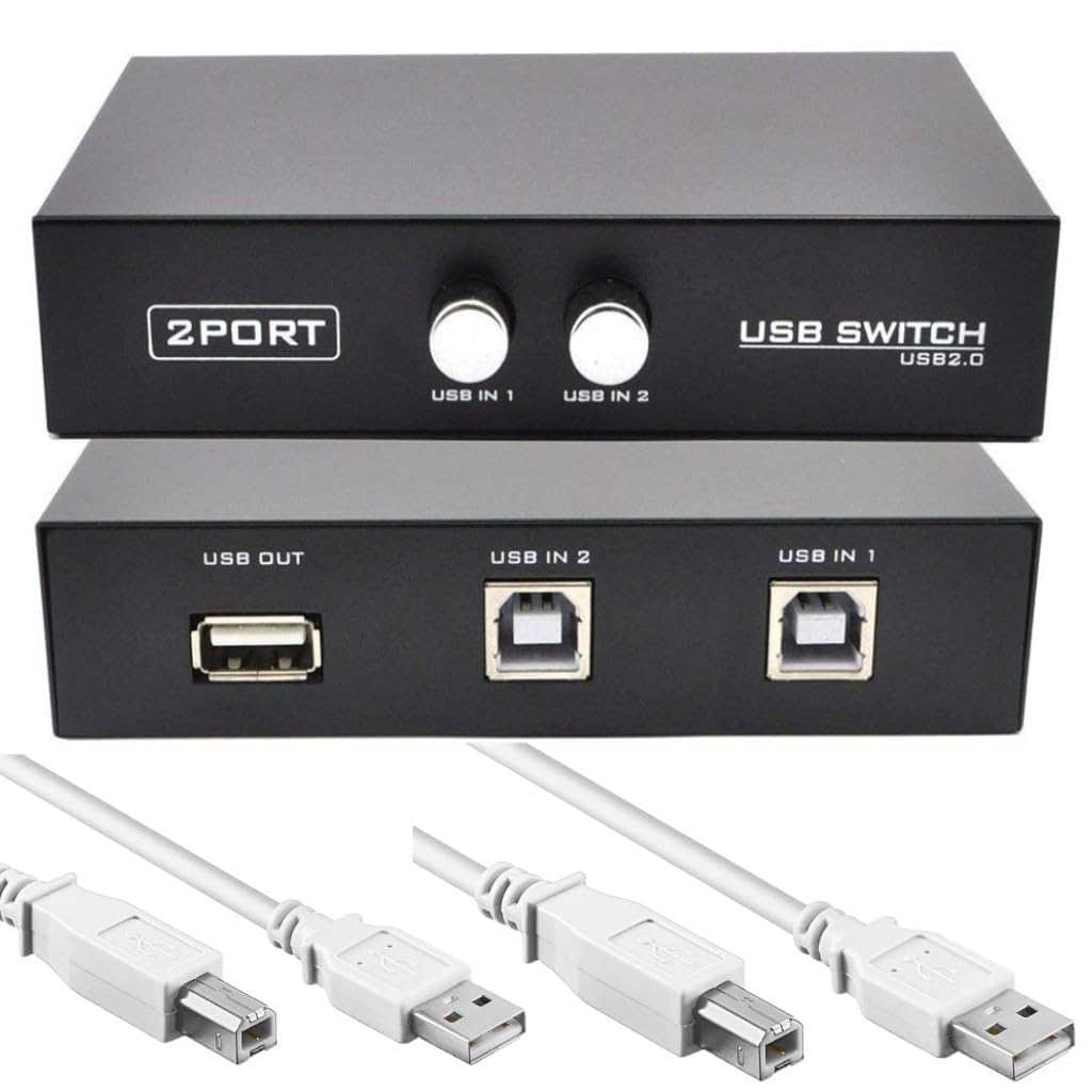 WiredCom USB Switch, Printer Sharing 2 Ports USB Switcher, USB 2.0 Selector Switch for PC Sharing Switch Box with 2 Printer Cable for PC Computer Scanner Printers Projector Camera and Keyboard