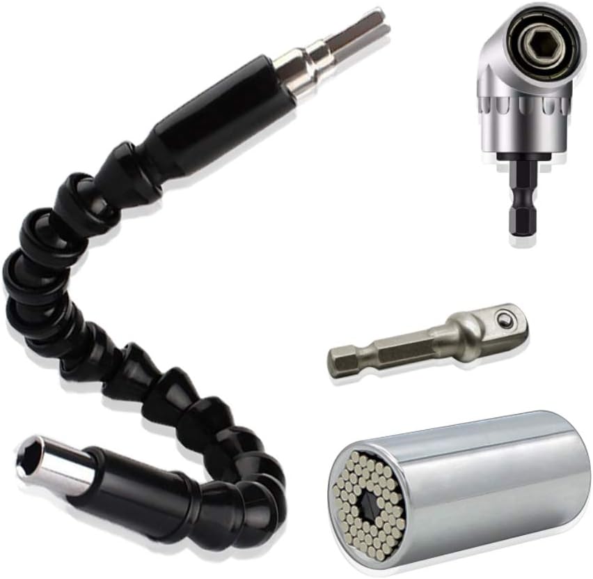 – Set of 3 Universal Socket Wrench 7-19mm Grip Adapter, 105 Degree Driver Right Angle Extension Drill Attachment 1/4 inch Hex Shank, 11.8 inch Flexible Extension Bit Screwdriver Connection