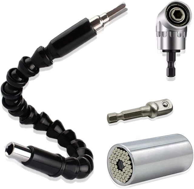 Set of 3 Universal Socket Wrench 7-19mm Grip Adapter, CNYMANY 105 Degree Driver Right Angle Extension Drill Attachment 1/4 inch Hex Shank, 11.8 inch Flexible Extension Bit Screwdriver Connection