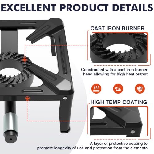 Image of Llamaviva Portable Single Propane Camping Gas Stove w /4ft Hose | Heavy Duty Cast Iron, with Adjustable Regulator Hose, for Wok Cooking, Seafood Boil, Tailgating & Camping