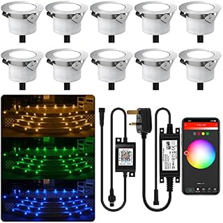RGBW (RGB+Warm White) Led Decking Lights 12V Ø45mm with APP Control Change Colours Waterproof Deck Lighting for Terrace/Patio/Path/Wall/Garden/Decoration (RGBW-10PCS+APP)