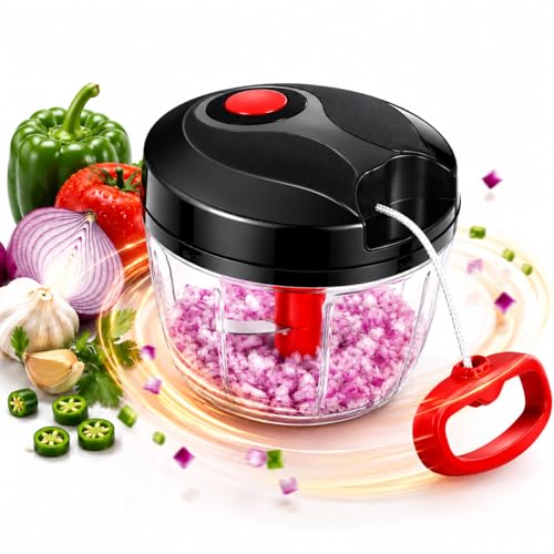 Image of Manual Pull String Vegetable Chopper for Kitchen | Strong Rope Onion Cutter, Garlic & Veg Cutter | Durable Hand Pull Food Chopper with Stainless Steel Blades