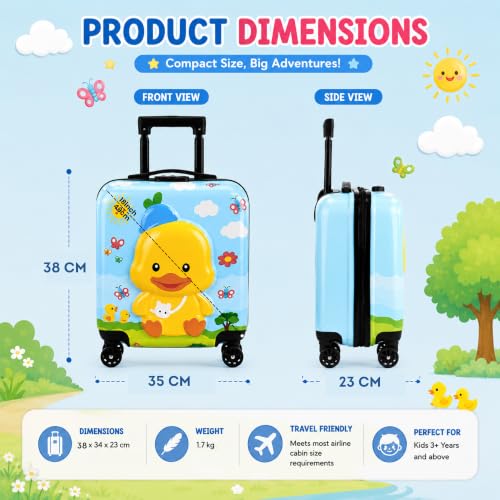 Image of Storite 18In Kids Luggage Trolley Hard Shell Cabin Suitcase | Cute Cartoon Duck Design Suitcase Ideal For School Trips Vacations Holidays And Weekend Travel (Blue - 35 x 23 x 38 Cm)